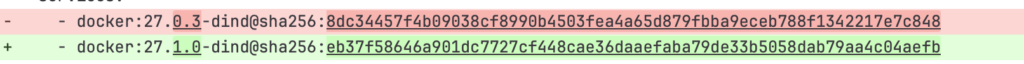 Screenshot eines Diff.

    - docker:27.0.3-dind@sha256:8dc34457f4b09038cf8990b4503fea4a65d879fbba9eceb788f1342217e7c848

wird ersetzt durch

    - docker:27.1.0-dind@sha256:eb37f58646a901dc7727cf448cae36daaefaba79de33b5058dab79aa4c04aefb
